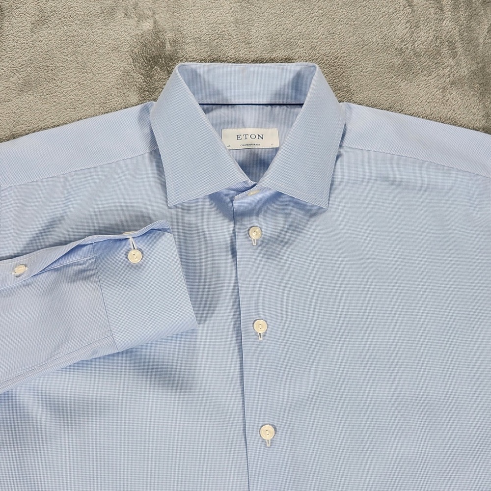 Eton Contemporary Fit Dress Shirt Mens 17 43 Light Blue Micro Check Spread
